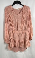 LoveShackFancy Women's Pink Tiered Smocked Ruffle V-Neck Mini Dress Size XS