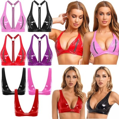 Damen Wetlook Push Up Leder Bh Top Cut Out Wetlook Bustier Dessous Unterwäsche