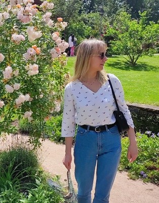 Comma Bluse Damen 36 S Weiß Vogel Muster V-Ausschnitt Sommer Top