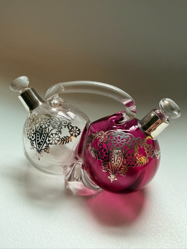 Art Nouveau Glass Cruet Set with Working Glass Stoppers.  Estimated 1900 to 1939