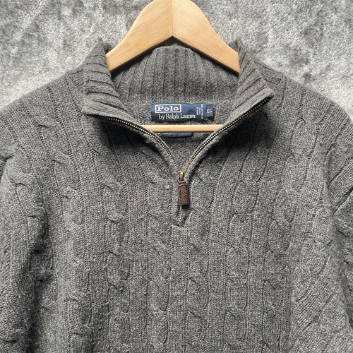 Polo Ralph Lauren 100% Lambs Wool 1/4 Zip Cable Knit Sweater Mens XL Gray - Picture 2 of 6
