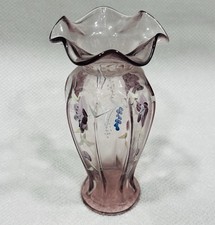FENTON Blown Glass Amethyst Hand Painted Floral Vase With Ruffled Edge 8 1/4  