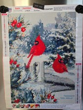 Completed Diamond Art 40x30cm Two Red Cardinals Sitting Outside During Winter