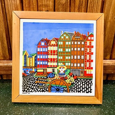 Vintage Amsterdam Trivet Ceramic Tile Set in Wood Frame 7'' x 7'', Himark 1983