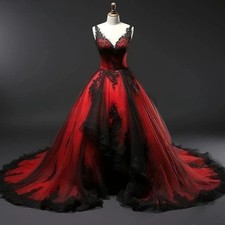 Gothic Red Black Wedding Dresses V-Neck Sleeveless Lace Appliques Bridal Gowns