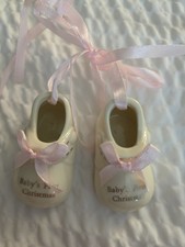 Radiant Treasures Christmas Ornament Girl Ceramic Shoes Ivory Pink Ribbon