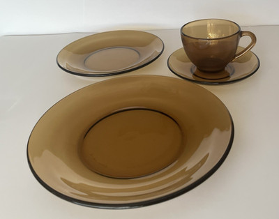 Vtg Arcopal France Amber Brown Glass Dishes 6 Placesettings 60s/70s A01969