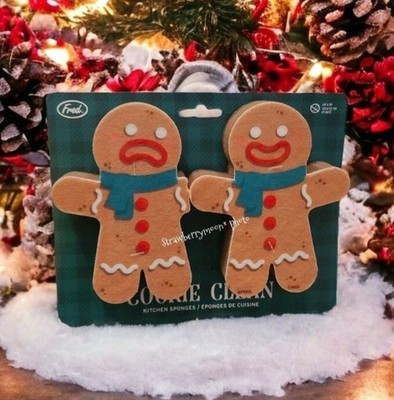 x2 GINGERBREAD MAN Christmas Cookie Kitchen Sponge Scrubber Set New