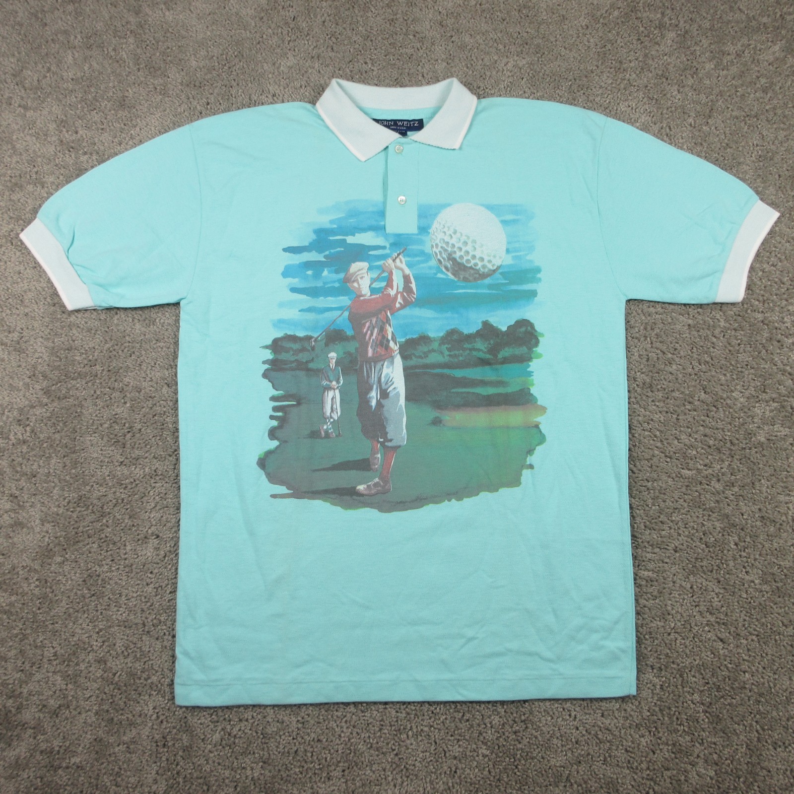 Vintage John Weitz Polo Shirt Mens Large Blue Golfer Graphic Pique Made In USA