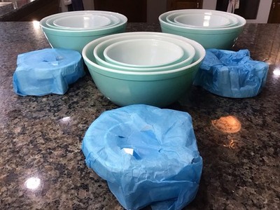 Vintage Pyrex Robins Egg Blue Mixing Bowl Set 401 402 403 w/ CUSTOM STANDS SHINY