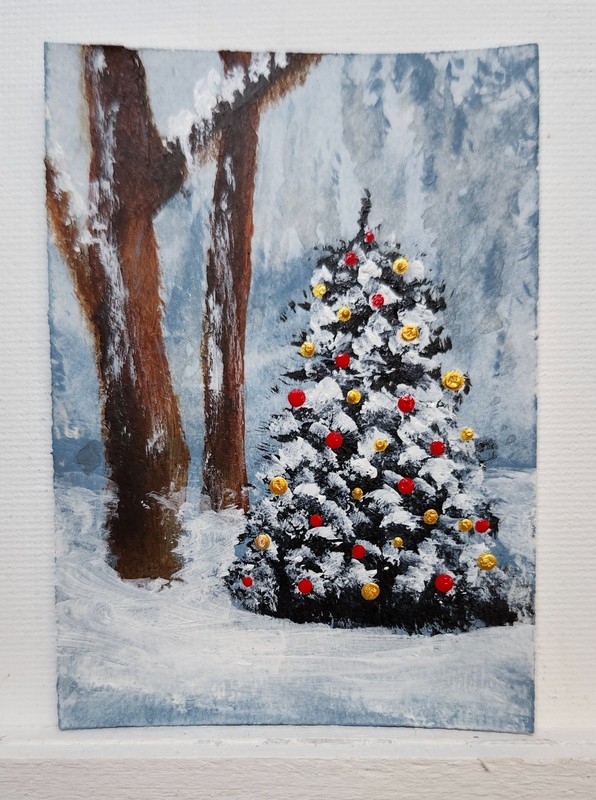 12 Days Xmas July ACEO “Christmas Tree in the Snow” by Maryan 2.5inx3.5in OOAK