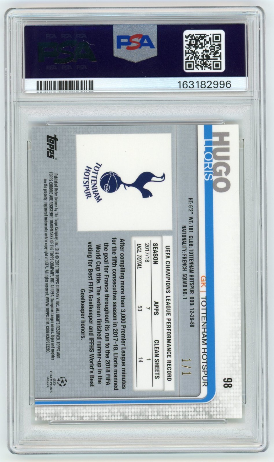 2018 Topps Chrome UEFA UCL Hugo Lloris Superfractor 1/1 PSA 9 Tottenham Hotspur view 2