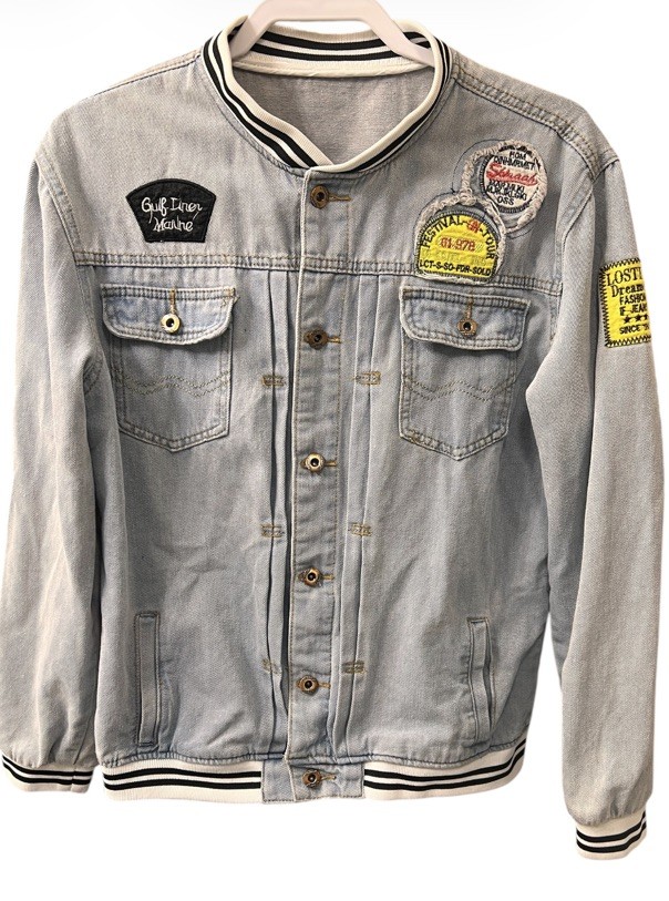 Vintage Style Patchwork Denim Varsity Jacket Bomb… - image 9