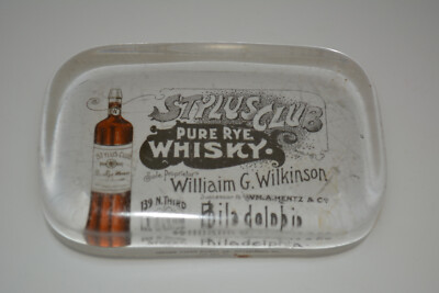 ANTIQUE STYLUS CLUB PURE RYE WHISKY PHILADELPHIA ADVERTISING GLASS PAPERWEIGHT