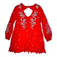 Free People Bright Rich Red Embroidered Floral Folk Mini Dress Small $128