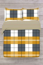 Image of Printed Check Bedding Set Reversible  Duvet Cover 3 Size's Blue, Blush & Ochre