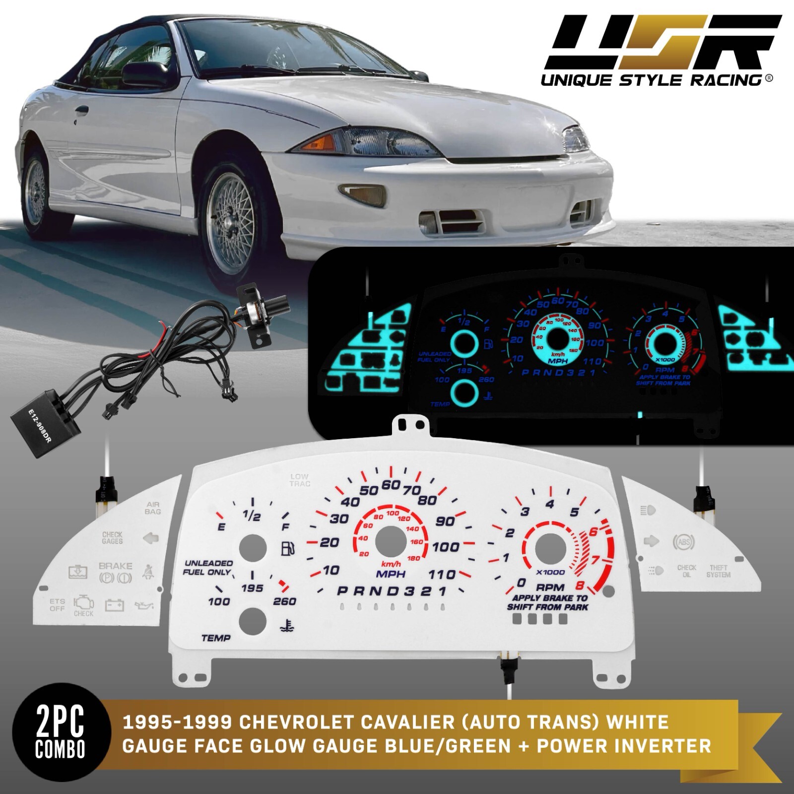 95-99 Chevy Cavalier Blue Glow Gauge White Overlay w TACH Auto Cluster