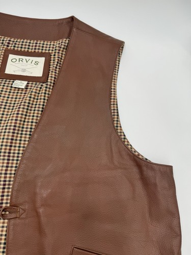 ORVIS Fishing Vest Brown Leather Plaid Lined Mens Two Button Size XL - Picture 4 of 12