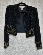 Women Lillie Rubin Silk Vintage Black And Gold Lined Beaded Blazer Size 8