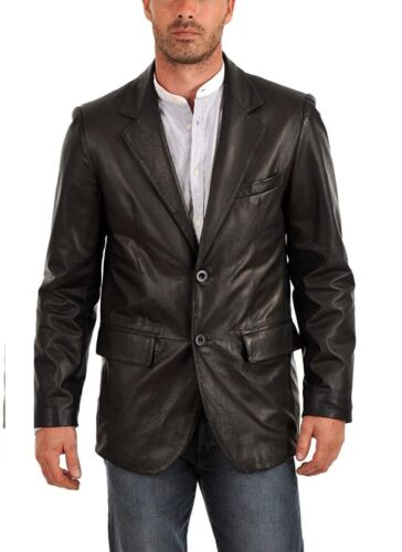 Blazer Leather Jacket Coat Men's Slim Fit Button Two Motorcycle Biker Black 6 - Picture 1 of 5