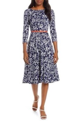 HARPER ROSE Dress Women Size 4 Belted Fit & Flare Navy Blue Floral Stretch  | eBay