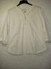 Peck & Peck Top Women L Off White Linen Blend Embellished V-Neck Zip 3/4 Sleeve