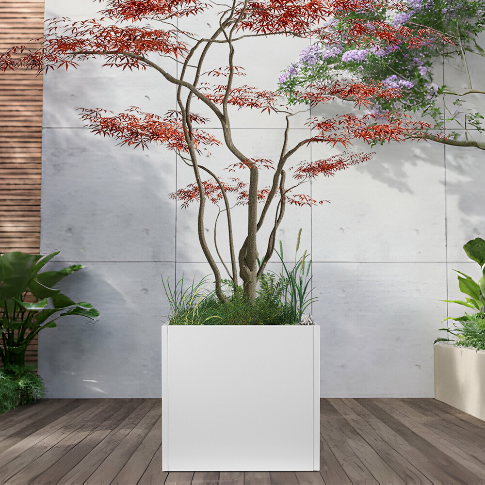 26-INCHh White Steel Planter Pot Square Outdoor Planter Metal Large Planter Cube