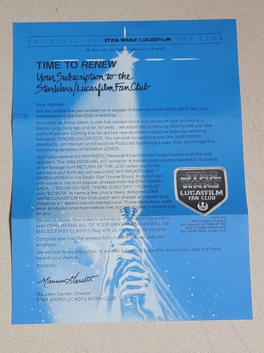 1984 Vintage STAR WARS (The Official Fan Club) "MEMBERSHIP RENEWAL" Letter RARE!