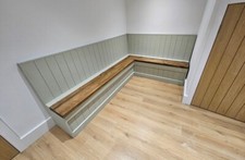 BESPOKE RAKED CORNER MONKS BENCH L-SHAPED BOOKING STORAGE SOLID PINE ANY SIZE