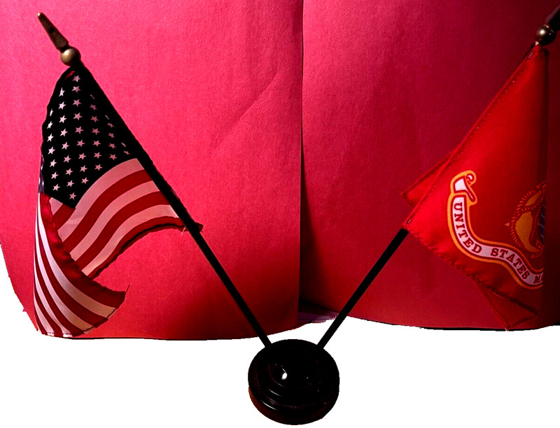 USA & Marine 4" X 6" Inch DOUBLE STICK FLAGS On BLACK STAND ON 10" Plastic POLE
