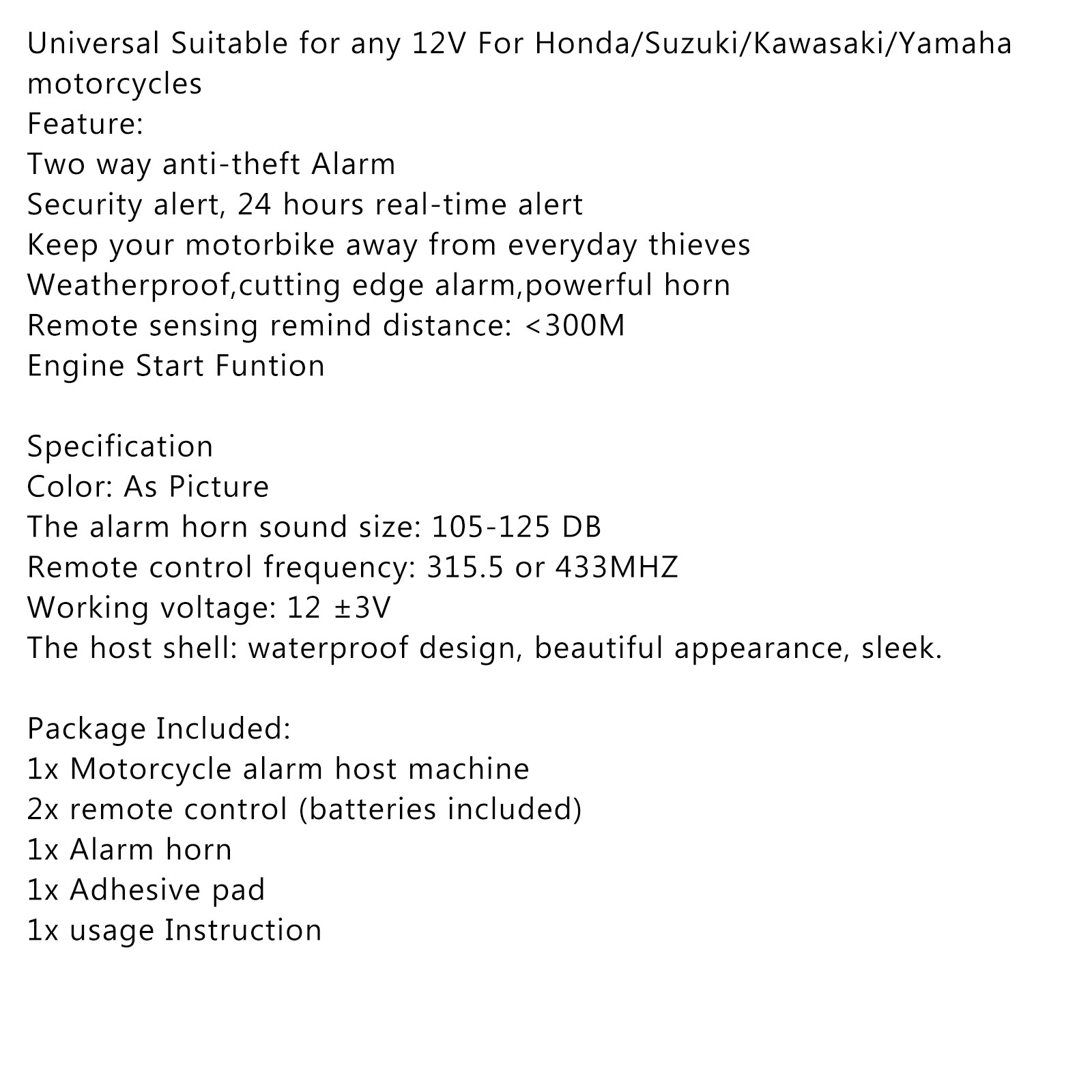 Remote Control Anti-Theft Alarm Security System Start For Motorcycle Scooter
