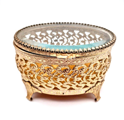 Vintage Oval Footed Ormolu Casket Jewelry Trinket Box 5'' x 4'' Beveled Glass