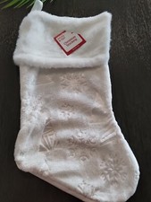 18" Holiday Style Christmas Stocking, White Faux Fur Holiday Snowflakes  Trees