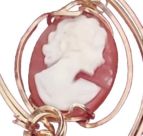 Vtg Carved Cameo Pendant 9k Gold Wire Wrap Coral Pink Charm 1.7g Tested - Picture 2 of 6