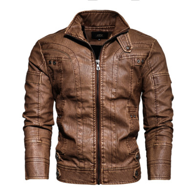 Men Leather Motorcycle Jacket Zip-Up Stand Collar Plus Size Biker