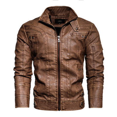 Men Leather Motorcycle Jacket Zip-Up Stand Collar Plus Size Biker