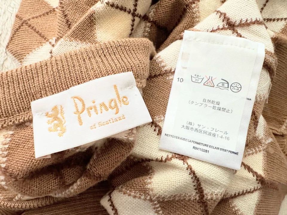 Pringle of Scotland Suéter Lana Talla S Cuello en V Argyle Camel Moca Marrón  Foto 4 de 4