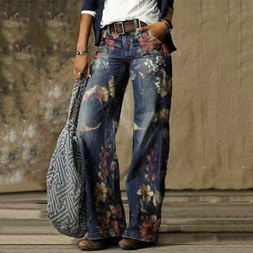 Women Ladies Floral Denim Jeans High-Waist Bell-bottom Wide Leg Street Pants - Picture 6 of 14