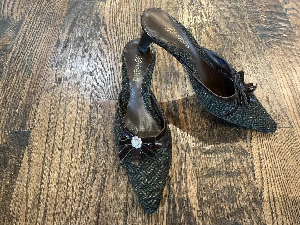 Brighton Tweed Brown Green Pointy Spool Heel Mules Shoes Women's US Size 7 M - Image 4 of 4