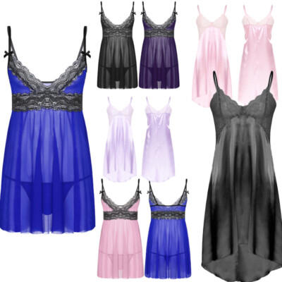 US Mens Sissy Lingerie Chemise Sheer Lace Trim Vest Tops Nightdress Sleepwear