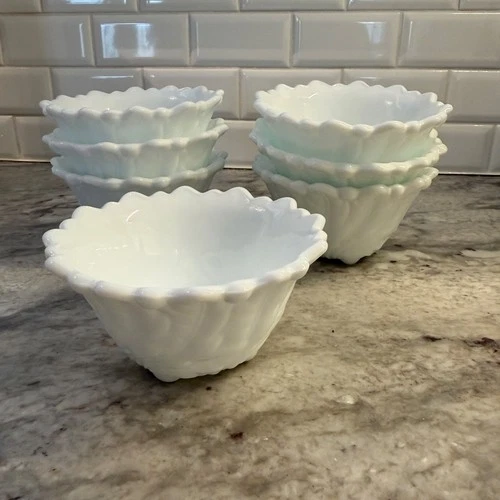 Wild Rose Indiana Milk Glass Small Bowl Footed Set 7 Dessert White Embossed VTG