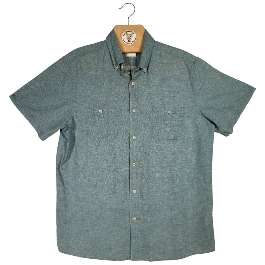 ROWM Linen Blend Button Front Shirt Mens Large Blue Short Sleeve Casual