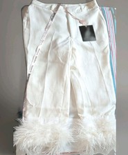 House of CB London Ivory Feather Trim Pants Womens S High Waist Trousers NWTags
