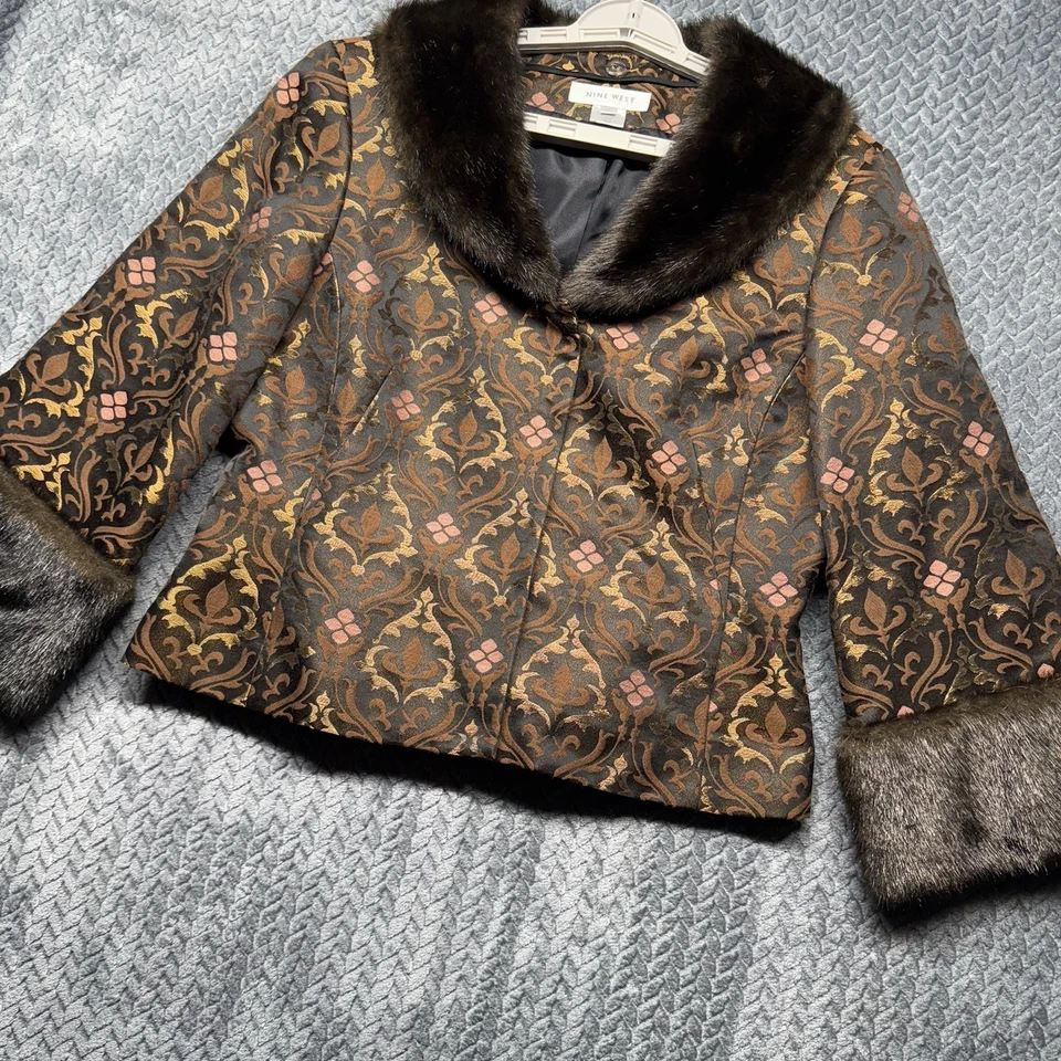 Nine West Y2K锦缎夹克女式10棕色金色黑色人造毛皮装饰金属色 — 第 2/4 张图片