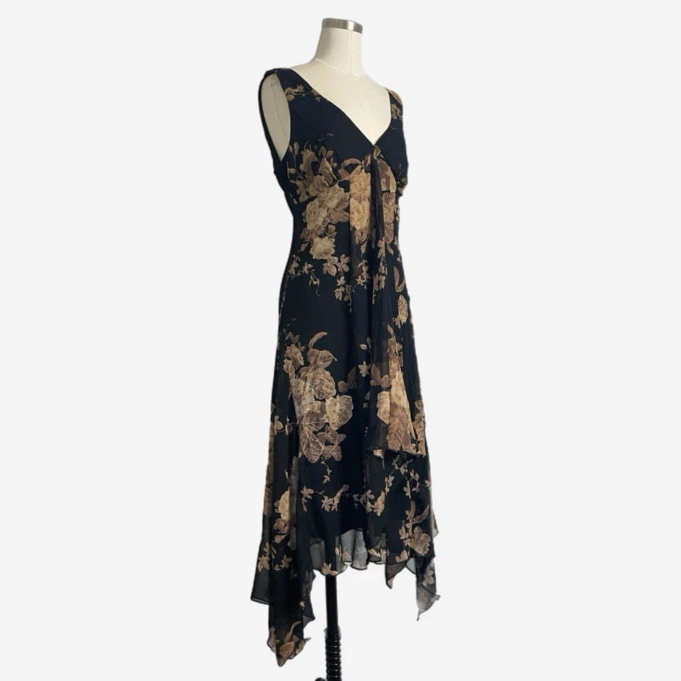 Connected Apparel Negro Tostado Floral Lentejuelas Pañuelo Dobladillo Vestido Hada Oscura M/L Foto 2 de 4