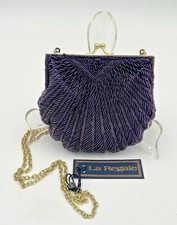 Vintage La Regale Purple Beaded Sequined Clutch Purse Clam Shell Shoulder Bag