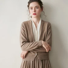 Women's Cashmere Cardigan V-neck Top Autumn Wool Long Sleeved Sweater Jacket Top