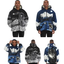 Mens Wolf Design Fleece Hoodie Full Zip Warm Hooded Jacket