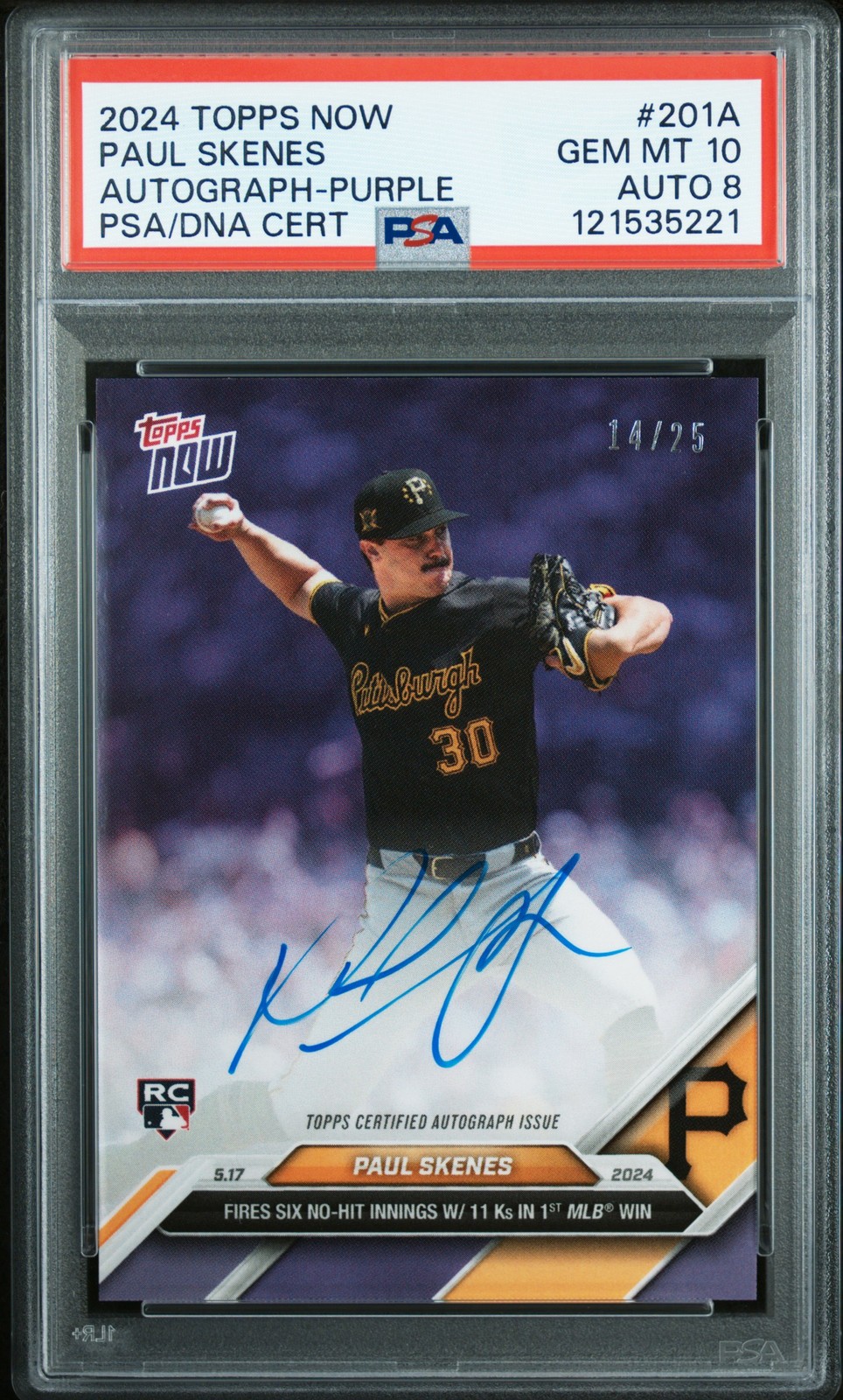 2024 TOPPS NOW AUTO-PURPLE #201A PAUL SKENES ROOKIE RC 14/25 PSA 10 DNA AUTO 8