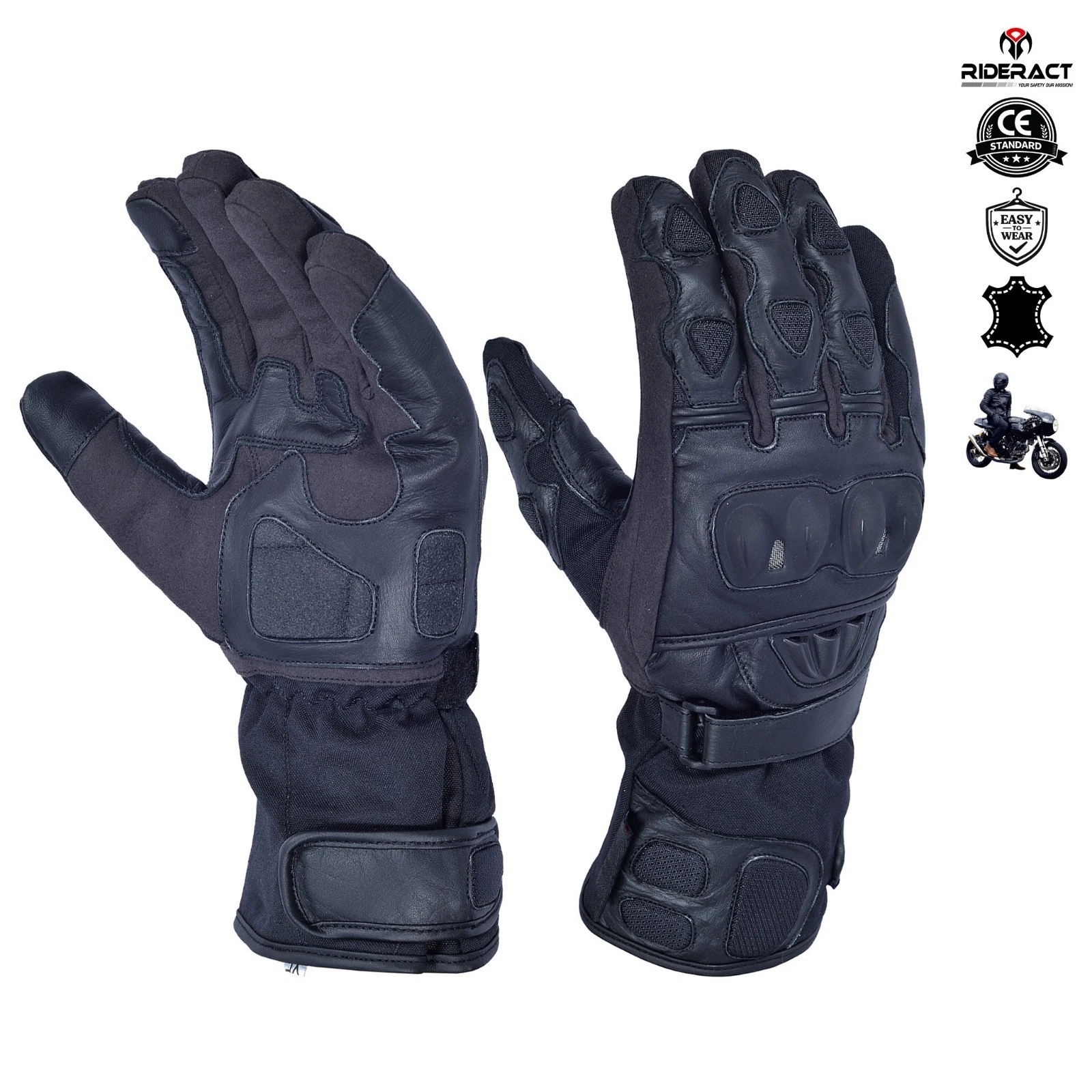 RIDERACT® Leather Motorcycle Gloves Trigel Waterproof Motorbike Gloves Black